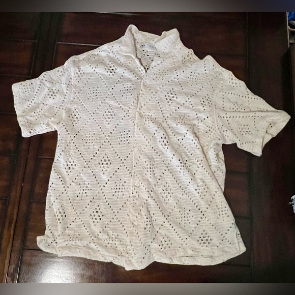 ZARA Cream Knit Eyelet Button Down Shirt | Size XL - Picture 1 of 4